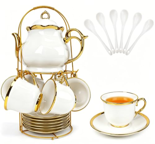 20 Pcs Porcelain Tea Set with Metal Holder (20 Count)