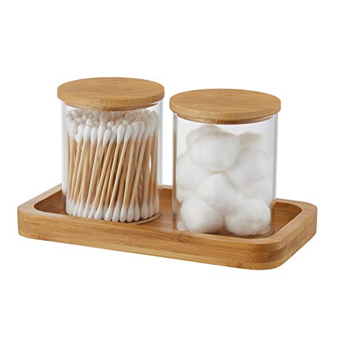 2 Pack Glass Qtip Holder Dispenser with Bamboo Vanity Tray