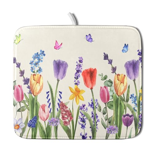 Spring Summer Colorful Flower Dish Drying Mat 16x18 Inch Spring Wildflowers Kitchen Pad Botanical Floral Drainer Rack Mats Absorbent Fast Dry Microfiber Dish Drying Pad for Countertop Table Decoration