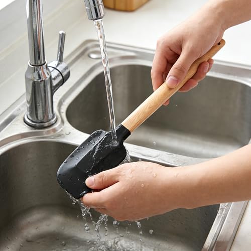 Wooden Handle Silicone Rubber Spatula Set 5 Piece for Kitchen Baking (5 Count)