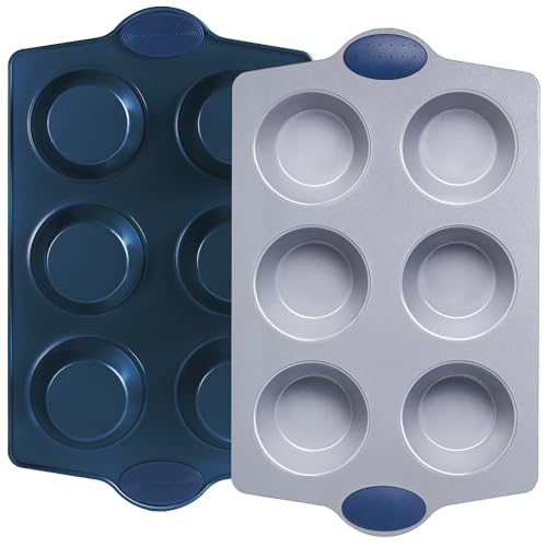 2-Pack 6-Cup Non Toxic Nonstick Ceramic Jumbo Muffin Pan & Cupcake Tin, PFOA & PFOA Free, Rust-Resistant Aluminized Steel, Oven Safe, Blue (2 Count)