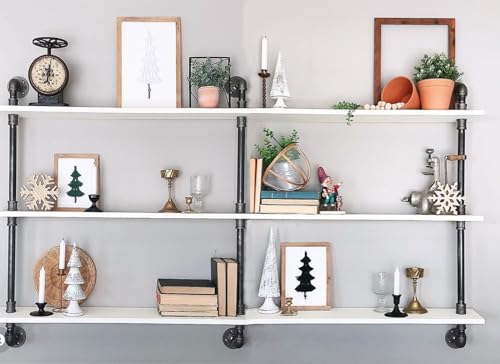 Industrial Pipe Shelving Rustic White Pipe Wall Shelves Industrial Shelves with Wood Planks Floating Shelves 60 Inch Farmhouse Bathroom (3 Count)