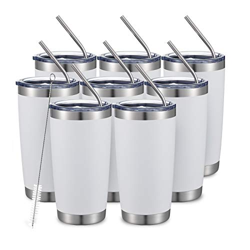20oz 8Pack White Tumbler Double Wall Vacuum Insulated Coffee Travel Mug Stainless Steel Tumbler Bulk with Lid and Straw Powder Coated Insulated Coffee Cup for Cold & Hot Drinks (8 Count)