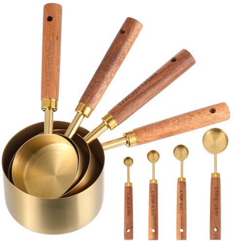 Stainless Steel Measuring Cups Set and Measuring Spoons Wooden Handle Metal Measure Cups and Spoons for Cooking and Baking