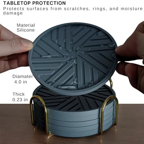 Silicone Coasters Set of 6 & Gold Holder with smart Modern Groove Patterns