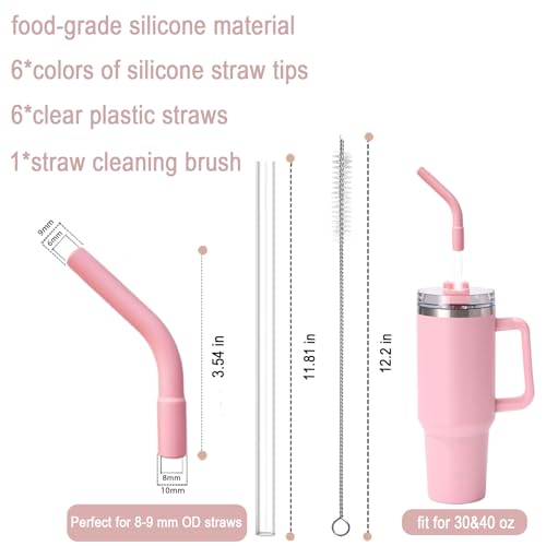 6 Pcs Reusable Silicone Straw Tips with Drinking Long Straws Compatible with Stanley 40 (13 Count)