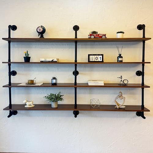 70 Inch Industrial Pipe Wall Shelves Pipe Shelving with Real Wood Plank (4 Count)