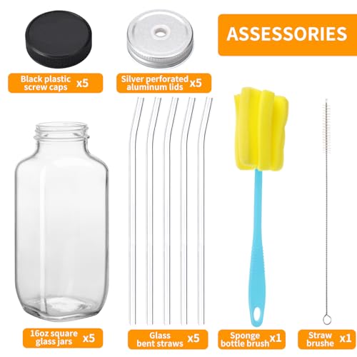 5pcs 16oz Glass Juice Bottles with Lids (5 Count)