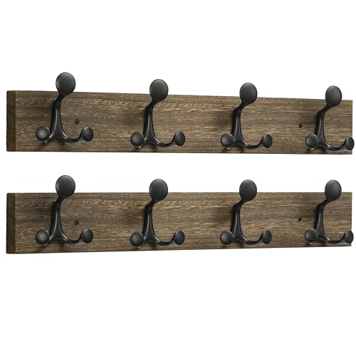 24 Inch Wood Burnt Coat Rack Wall Mount with 4 Triple Hooks (2 Count)