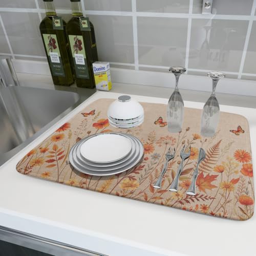 Rustic Fall Flowers Dish Drying Mat Retro Autumn Orange Floral Butterfly Dish Drainer Mats 18"x24" Microfiber Reversible Dish Drying Rack Pad Protector for Kitchen Countertop Decor
