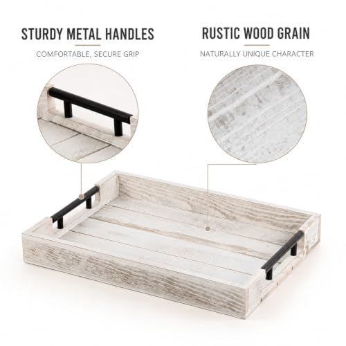 Whitewashed Wooden Serving Tray with Black Metal Handles and 4 Coasters