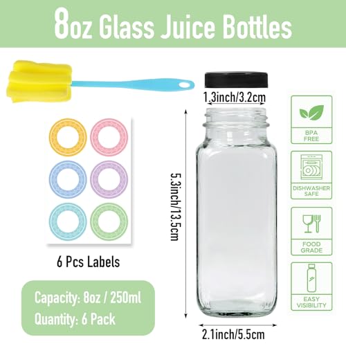 6 pack 8 oz Glass Juice Bottles with Lids