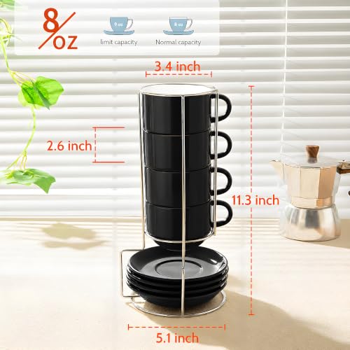 8 Ounce Stackable Cappuccino Cups with Saucers and Metal Stand (4 Count)