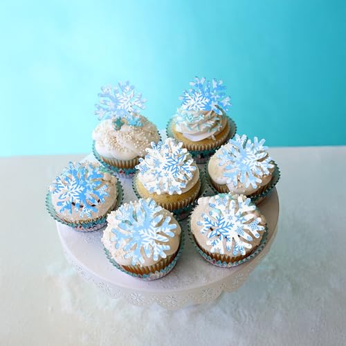50Pcs Edible Snowflake Cupcake Cake Toppers Wafer Paper Snowflake Cake Decorations for Christmas Winter Frozen Theme Party Supply Decoration Multi Blue (60 Count)