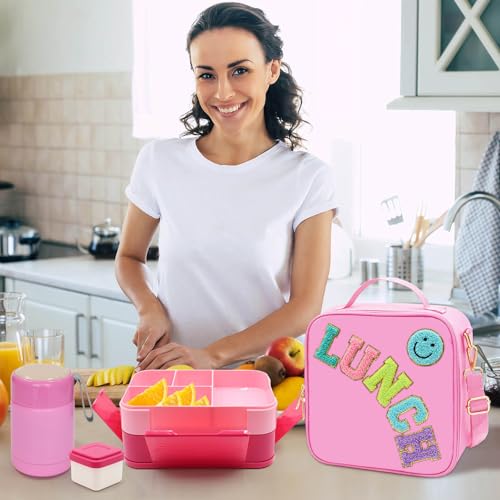 Pink Lunch Box for Girl with 10oz Thermo 6 Compartment Bento Set