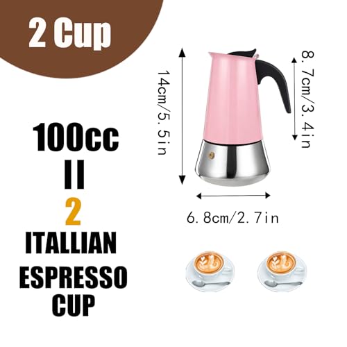 2 Cup Stovetop Espresso Maker Stainless Steel Moka Pot Stove Top Percolator Italian Coffee Makers Capable Mocha Greca Machine Cafe Classic Induction Cookers for Home and Camping 100ml 3.3oz