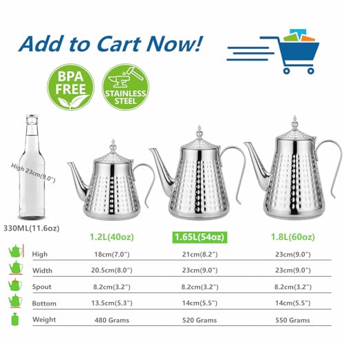 1.6L(54oz) Stainless Steel Hammer Patterned Teapot With Removeable Infuser,Loose leaf cover,Silver
