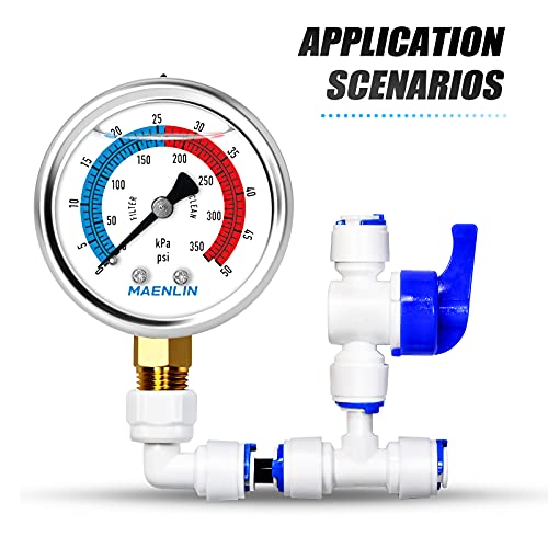 1/4" NPT 0-50psi Pressure Gauge, 2" Dial Glycerine Filled Pool Filter, 304 Stainless Steel Housing, Lower Mount, with 1/2" NPT and 3/8" NPT Hex Bushing
