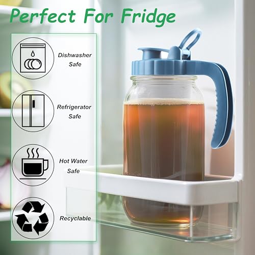 Mason Jar Pitcher With Stainless Steel Filter 64 OZ 2 Pack Wide Mouth Cold Brew Coffee Maker 2 Quart Glass water pitcher with lid Half Gallon Cold hot Tea maker For Lemonade Milk Juice Refrigerator (2 Count)