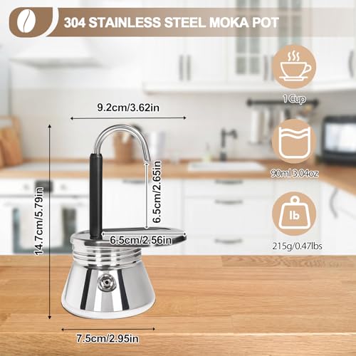 Uncoated 1 Cup Single Tube Moka Pot 304 Thickened Stainless Steel