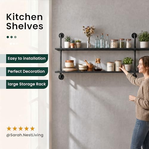 Floating Shelves Wall Bookshelf Industrial Pipe Shelving Shelves Real Wood Planks 70 inch Rustic Wall Shelves Hanging Bookshelves Farmhouse Kitchen Bar Shelving