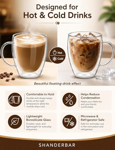 12oz Double Walled Glass Coffee Mugs with Handles (4 Count)