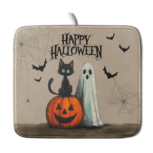 Happy Halloween Black Cat Ghost Dish Drying Mat for Kitchen Counter