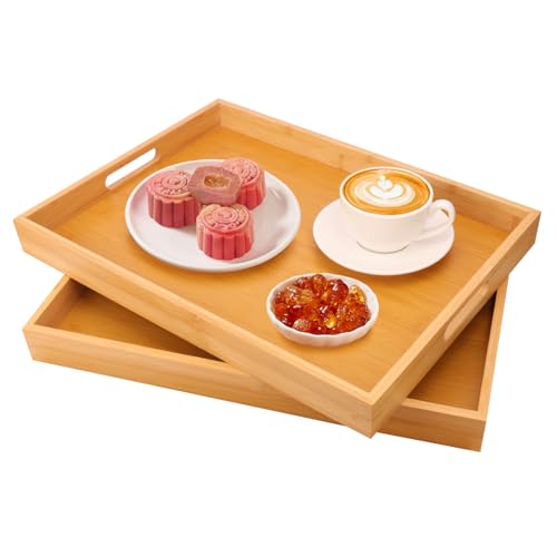 2 Pack Large Bamboo Serving Tray with Handles (2 Count)