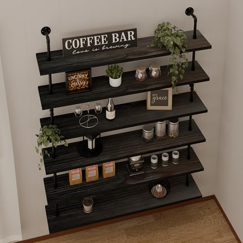 48 Inch Pipe Shelf Floating Shelves for Wall Shelves Bookshelf Industrial Pipe Shelving Real Wood Planks Rustic Hanging Shelves Farmhouse Kitchen Bar Shelving Black