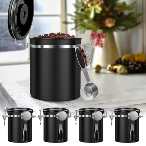 4PCS Coffee Storage Canister 1.5L 51OZ Double Airtight Coffee Beans Container with Date Locator 304 Stainless Steel Kitchen Food Storage Container with Spoon for Tea Sugar (4 Count)