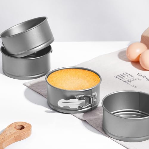 4 Pcs 4 Inch Non Stick Springform Pan with Removable Bottom Carbon Steel Round Springform Cheesecake Pan with Stainless Steel Spring Buckles for Baking Kitchens Restaurant (4 Count)