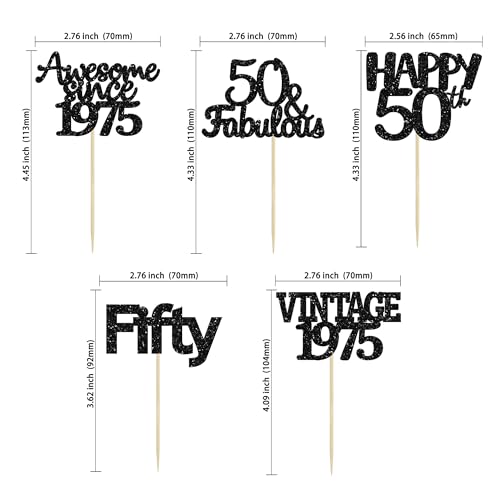 30Pcs Vintage 1975 Cupcake Toppers 50th Birthday Cake Decorations Cheers to 50 Fabulous Fifty Cupcake Picks 50th Birthday Wedding Anniversary Party Cake Decorations Supplies Black (30 Count)