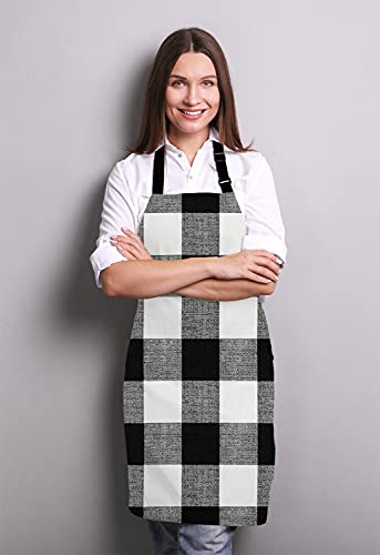 Black and White Buffalo Plaids Bib Apron with Adjustable Neck for Men Women