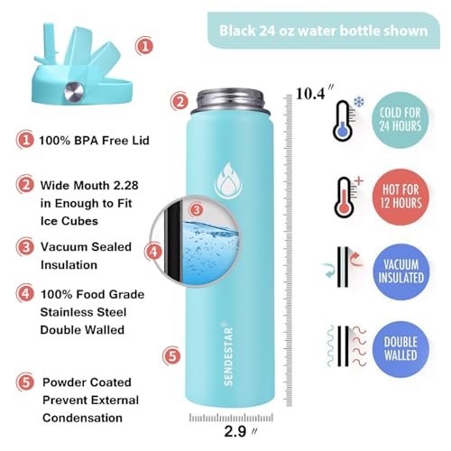 Stainless Steel Wide Mouth Water Bottle 24oz Double Wall Vacuum Insulated Leak Proof Bottle with New Flex Straw Lid & Spout Lid