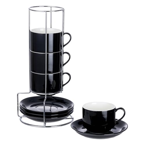 8 Ounce Stackable Cappuccino Cups with Saucers and Metal Stand