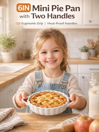 6in Ceramic Mini Pie Pan Set of 6 with Handles for Pie Quiche Tart. Easy to grip (6 Count)