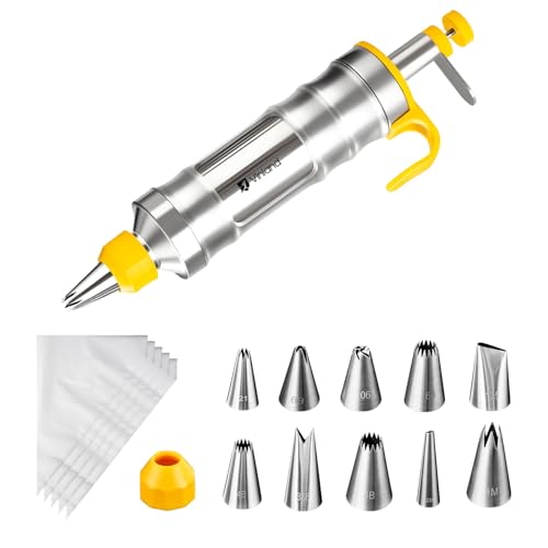 Dessert Decorating Syringe Set Icing Piping Kit Frosting Piping Kit Stainless Steels Cake Decorating Kit with 10 food grade stainless steel piping tips & 50 Disposable Piping Bags Yellow (63 Count)