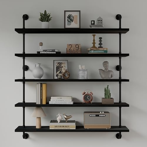 Floating Shelves for Wall Bookshelf Industrial Pipe Shelving Shelves 48 Inch 5 Tier Natural Wood Planks Rustic Wall Shelves Hanging Bookshelves Farmhouse Kitchen Shelving Black