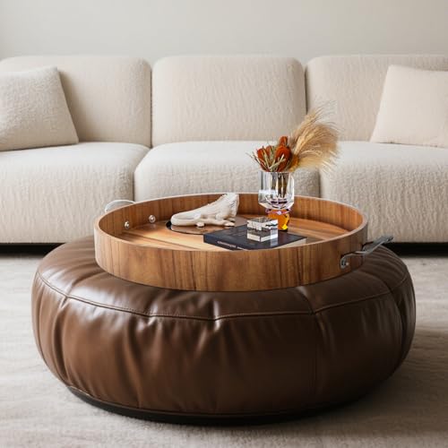 Large Round Tray 20" Round Wooden Tray Ottoman Tray with Handles Elegance and Easy to Pick Up