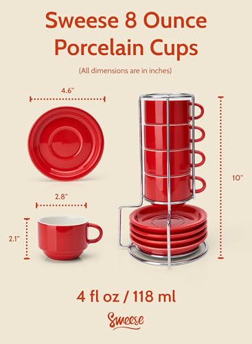 8 Ounce Porcelain Stackable Cappuccino Cups with Saucers and Metal Stand