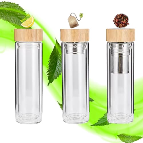 15oz Double Wall Glass Water Bottle with Bamboo Lid and Tea Infuser