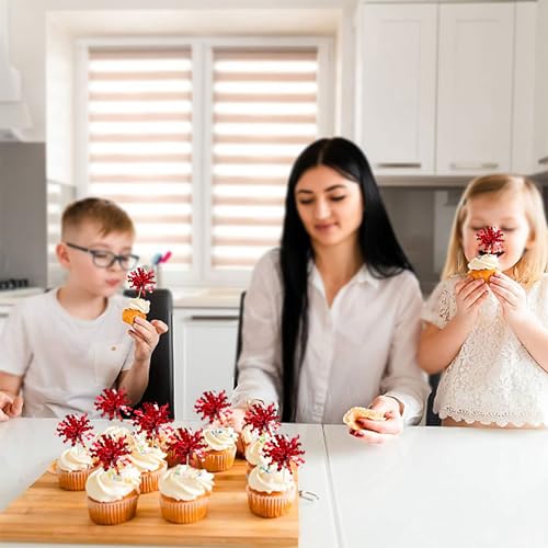 30Pcs Foil Firework Cupcake Toppers Sparkle Tinsel Cake Toppers Tinsel Drink Cake Decoration Cocktail Picks for Birthday Wedding Graduation Party Supplies Red (30 Count)