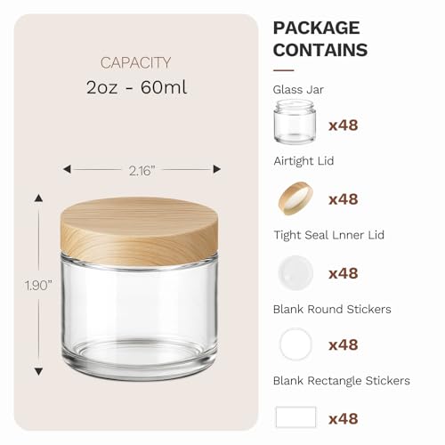 48 Pack 2 oz Small Glass Jars with Plastic Woodgrain Lids (48 Count)