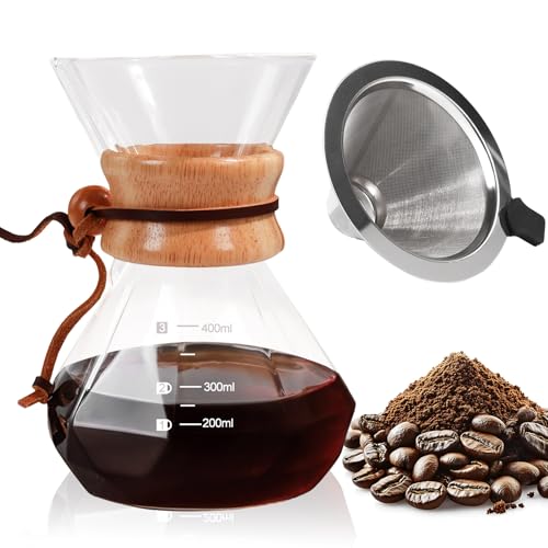 Pour Over Coffee Maker 400ml with 304 Stainless Steel Filter Wooden Collar Holder Borosilicate Glass Drip Coffeemaker Server Set Clear Hand Brew Dripper Carafe for Home Camping Travel 13.5oz
