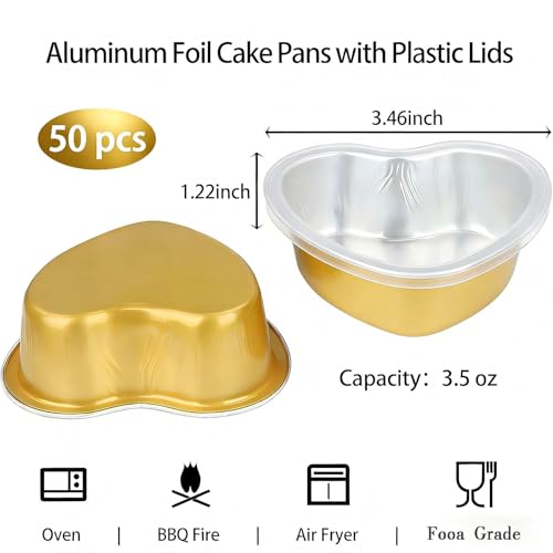 Mini Cake Pans 3.5oz Aluminum Foil Heart Cake Pan with Lids (50 Count)
