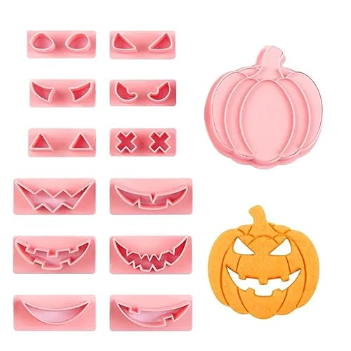 13Pcs Halloween Cookie Cutter Set Pumpkin Face Halloween Cookie Mold Biscuit Mold 3D Hollow Out Pumpkin Cake Baking Fondant Embosser Stamps Halloween Party DIY Cake Decorating Tools (13 Count)