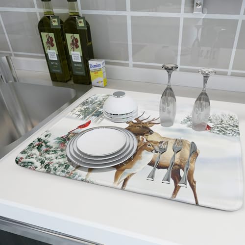 Winter Deer Dish Drying Mat 18"x24" Xmas Tree Bird Holly Berry Dish Drainer Mats Elk Moose Snow Cottage Farmhouse Reversible Large Dish Drying Pad Protector for Kitchen Countertop Decor