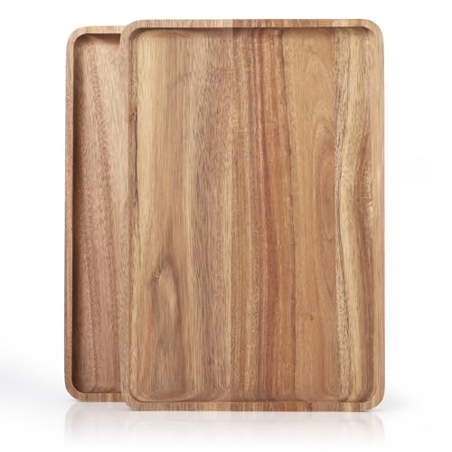 2 PCS Solid Acacia Wood Serving Trays 13 * 9 inch Rectangular Wooden Serving Platters Natural Wooden Boards for Bar Coffee Party（Wood Log Color） (2 Count)