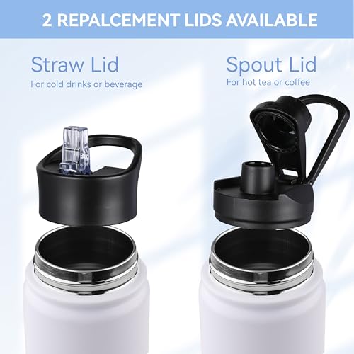 Insulated Water Bottle 22 oz Double Wall Stainless Steel Water Bottle Wide Mouth with Straw Lid & Spout Lid Keeps Cold or Hot