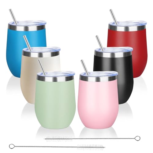 12oz 6 Pack Wine Tumbler Glasses with Lid Stemless Double Wall Vacuum Stainless Steel Travel Tumbler Keeping Cold & Hot for Wine (6 Count)